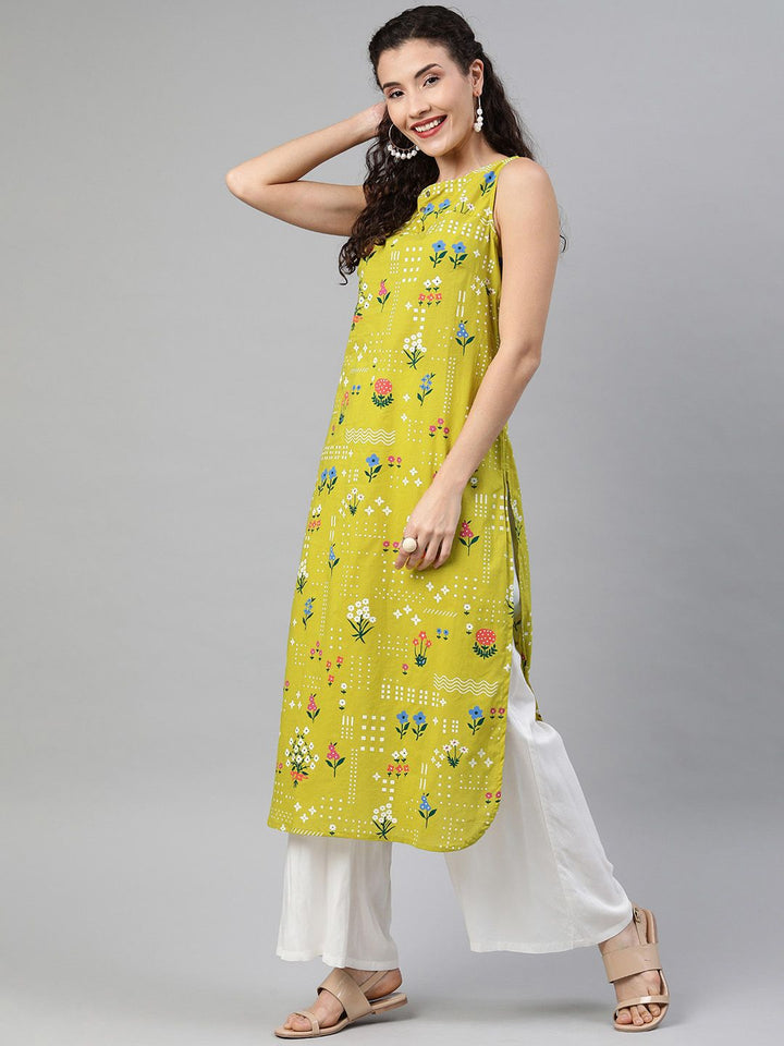 Anouk Women Green & White Floral Printed Boat Neck Straight Kurta
