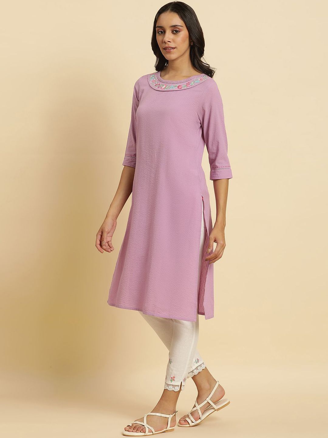 W Purple Thread Work Cotton Straight Kurta