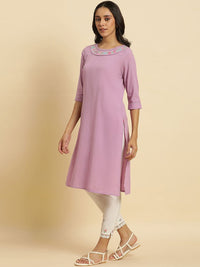 W Purple Thread Work Cotton Straight Kurta
