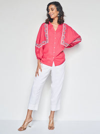 Global Desi Floral Embroidered Mandarin Collar Shirt Style Top