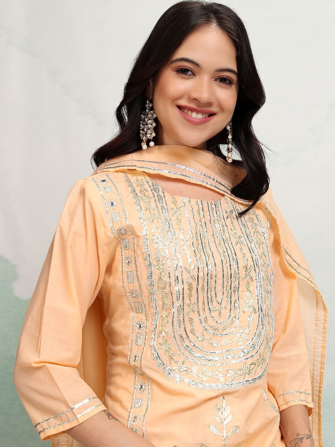 Vishudh Peach Coloured Embroidered Pure Cotton Straight Kurta with Trousers & With Dupatta
