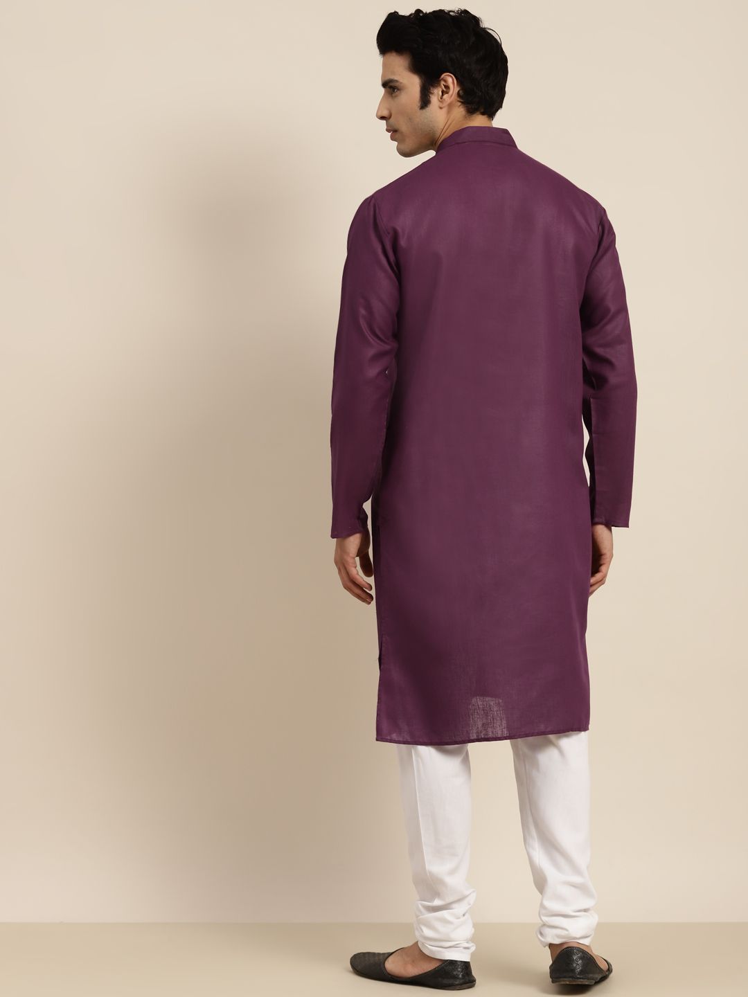 Anug by SOJANYA Men Purple Dobby Band Collar Kurta