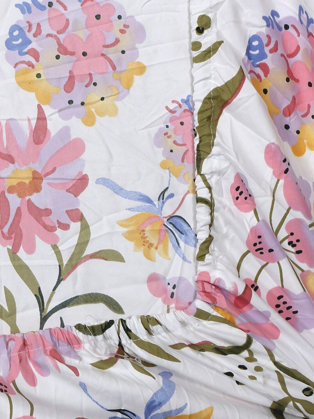 KLOTTHE White Floral Fitted 300 TC Super King Bedsheet with 2 Pillow Covers-270X270 cm