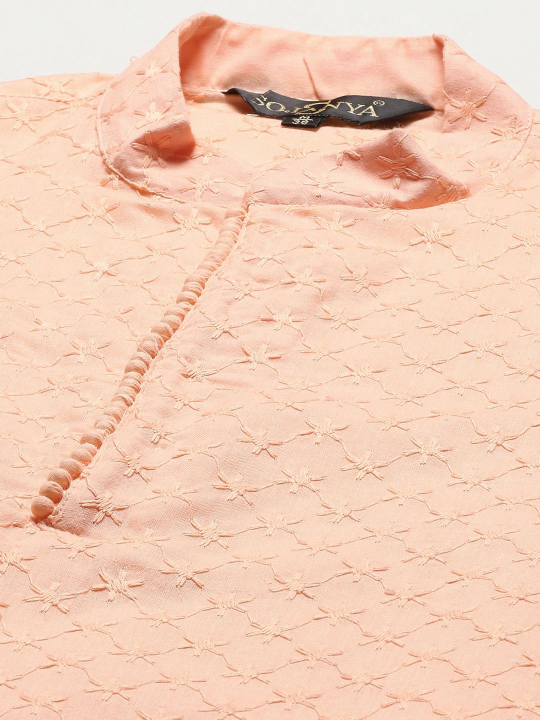 SOJANYA Men Peach-Coloured Chikankari Pure Cotton Kurta with Churidar & Nehru Jacket