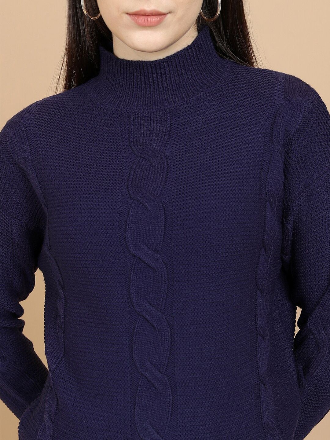 Tokyo Talkies Navy Blue Cable Knit Self Design High Neck Acrylic Pullover Sweater