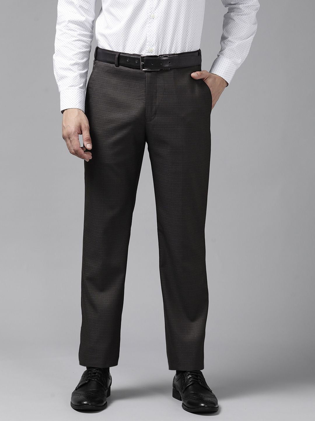 Park Avenue Men Charcoal Black Checked Smart Fit Formal Trousers