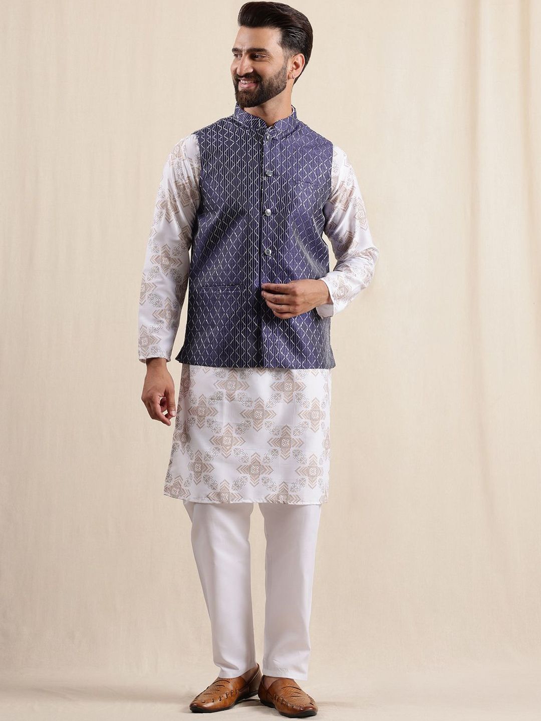 Anouk Men Printed Mandarin Collar Kurta Sets With Nehru jacket
