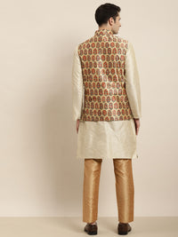 SOJANYA Men Cream-Coloured & Beige Kurta with Churidar & Nehru Jacket