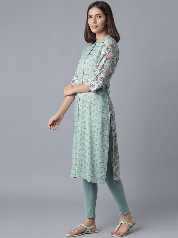 W Women Blue Geometric Checked Flared Sleeves Thread Work Kurta