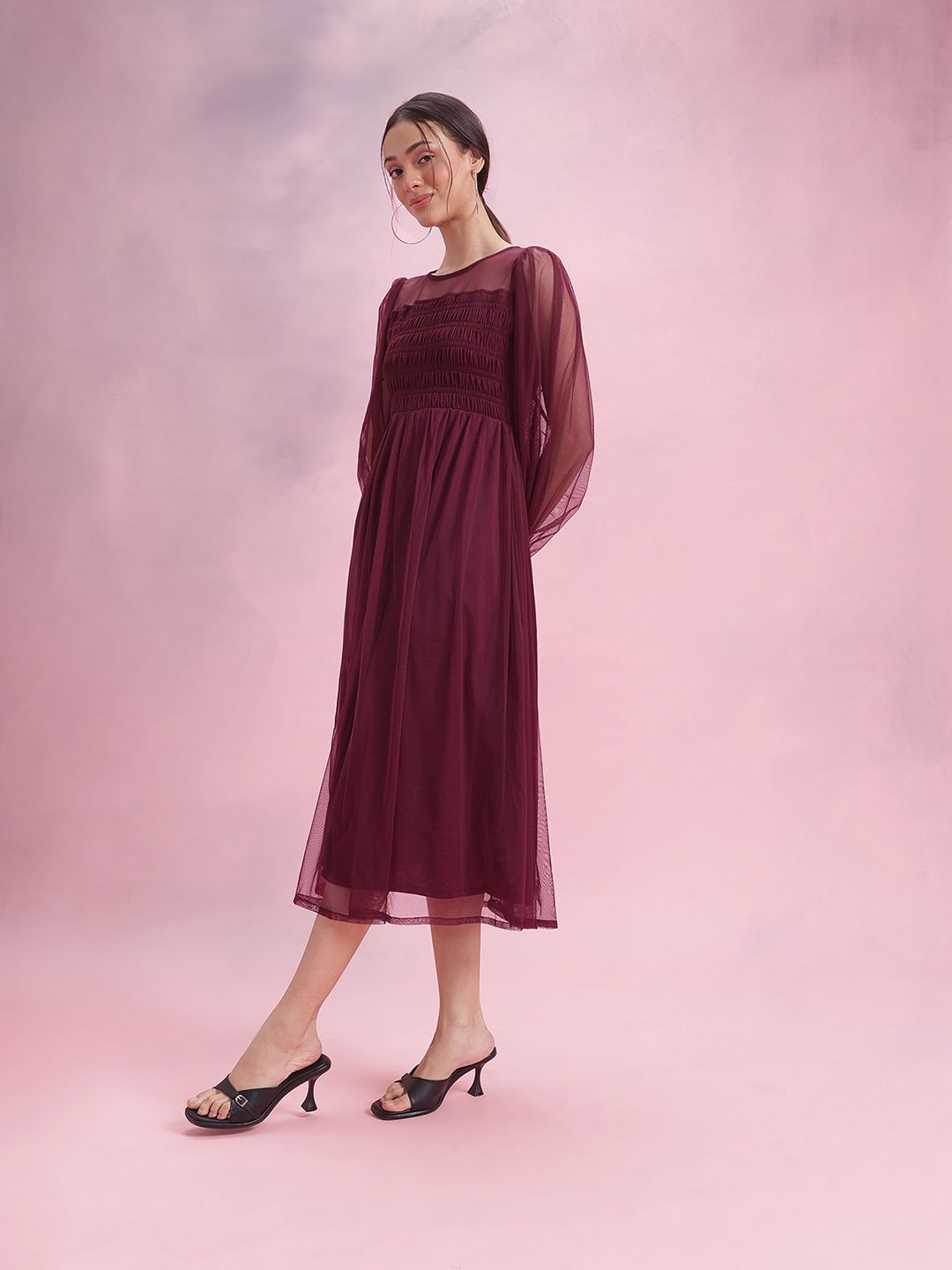 DressBerry Puff Sleeve Fit & Flare Midi Dress