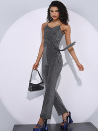 Tokyo Talkies Silver-Toned Tie-Up Butiran Shimmer Basic Jumpsuit