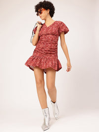 DressBerry Terracotta Tones Floral Femme Ruched Mini Dress