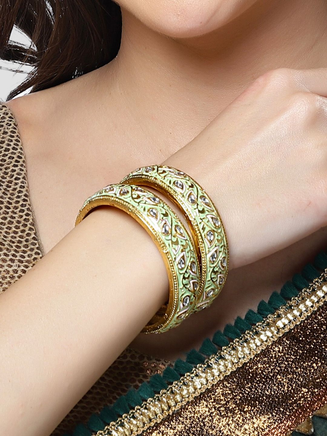 KARATCART Set Of 2 Gold-Plated Kundan-Studded Antique Bangles