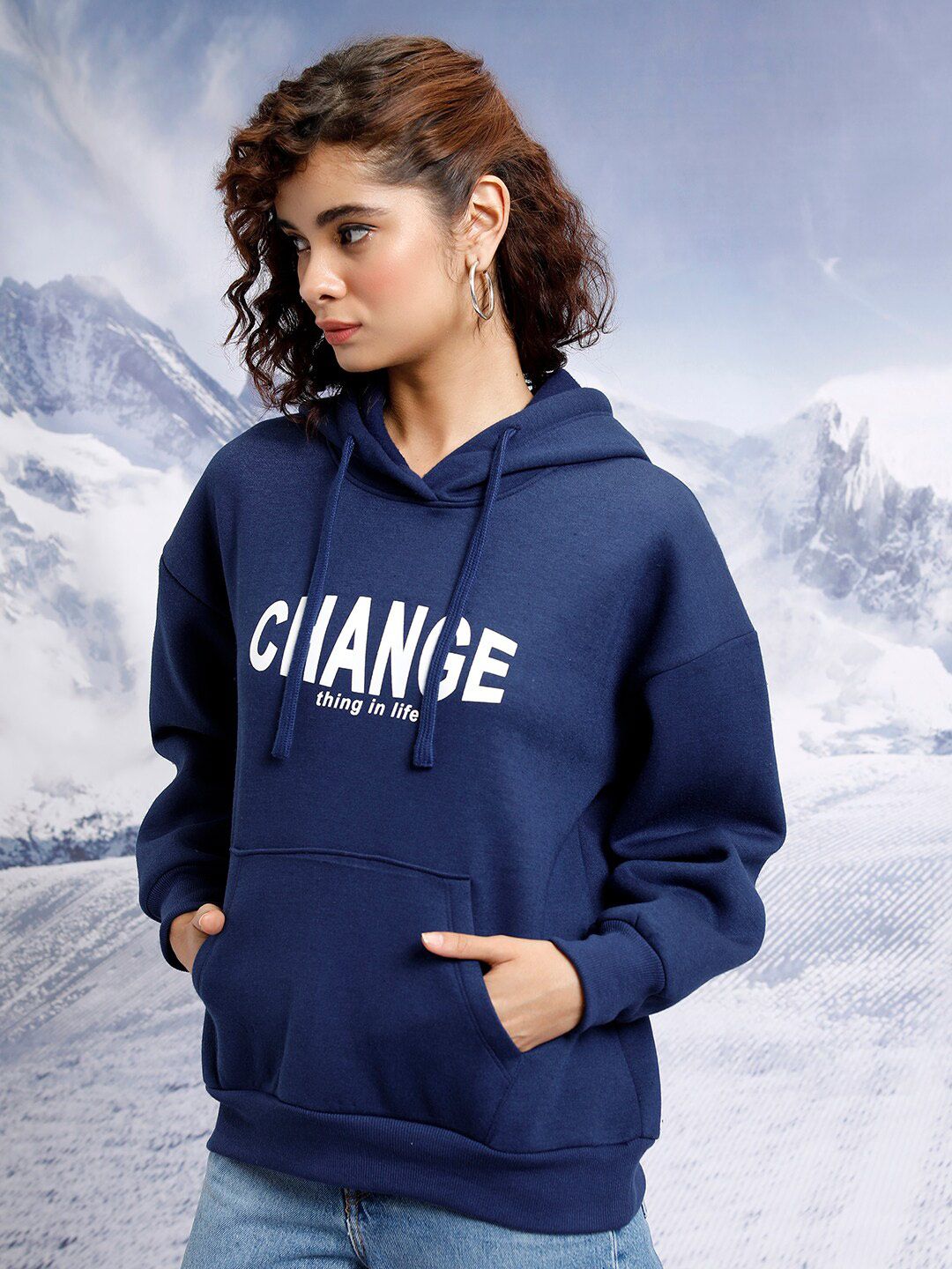 Tokyo Talkies Navy Blue Typography Printed Hooded Oversized Pullover