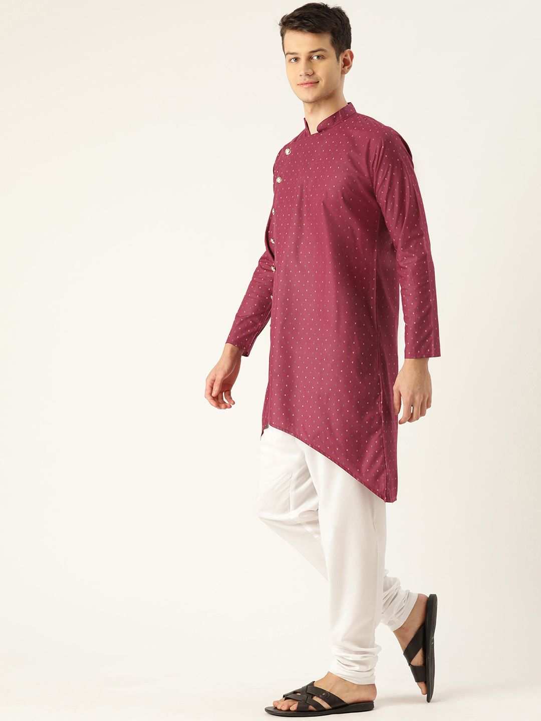 SOJANYA Men Maroon & Blue Printed Asymmetric Angrakha Kurta