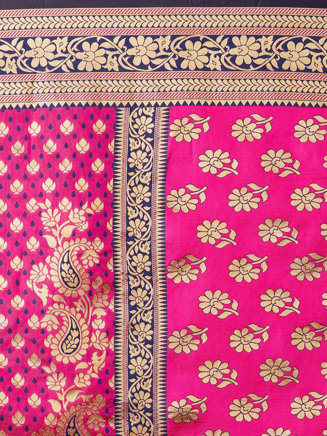 Mitera Pink & Navy Blue Silk Blend Woven Design Kanjeevaram Saree