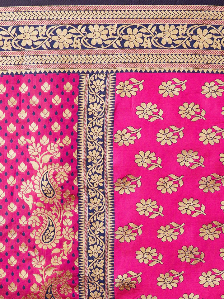 Mitera Pink & Navy Blue Silk Blend Woven Design Kanjeevaram Saree