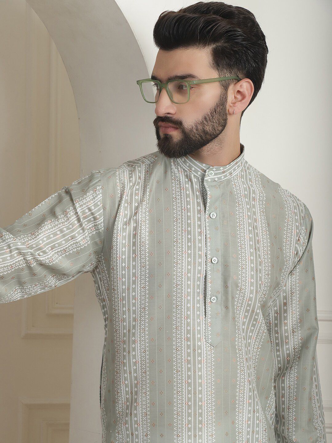 SOJANYA Printed Mandarin Collar Lengan Panjang Kurta Lurus