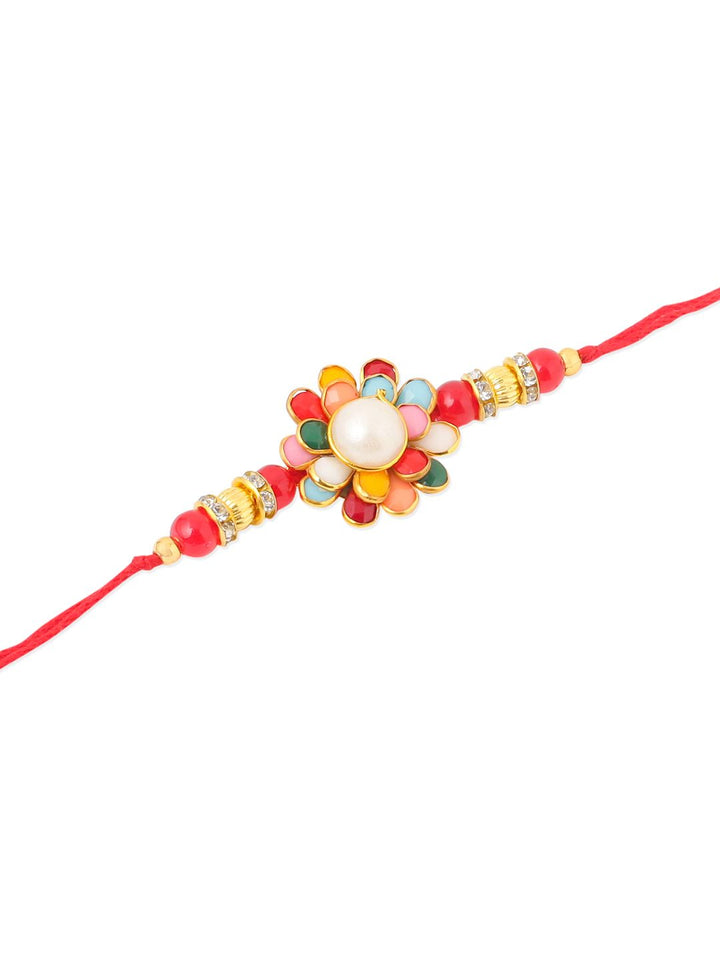 NVR Unisex Multicolor Beads &amp; Pearls Floral Benang Rakhi Roli Chawal Chandan Mishri