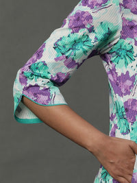 AURELIA Floral Printed Regular Pure Cotton Band Collar Straight Kurta with Trousers