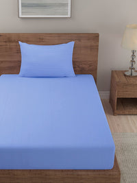 HOSTA HOMES Blue Striped 280 TC Single Fitted Bedsheet With 1 Pillow Covers