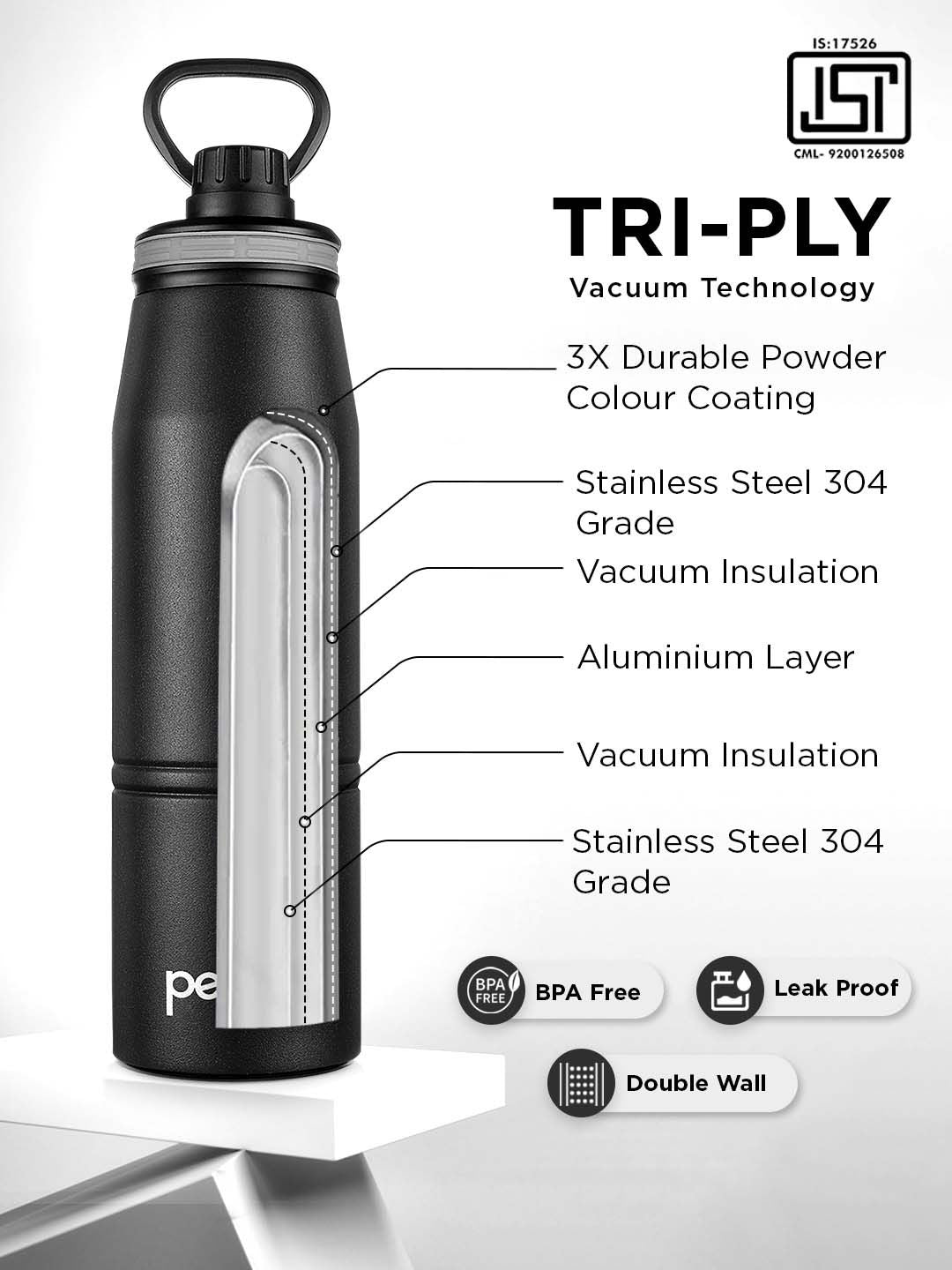 Pexpo Altros Black Double wall Thermosteel Hot and Cold Knight Flask Water Bottle 940 ml