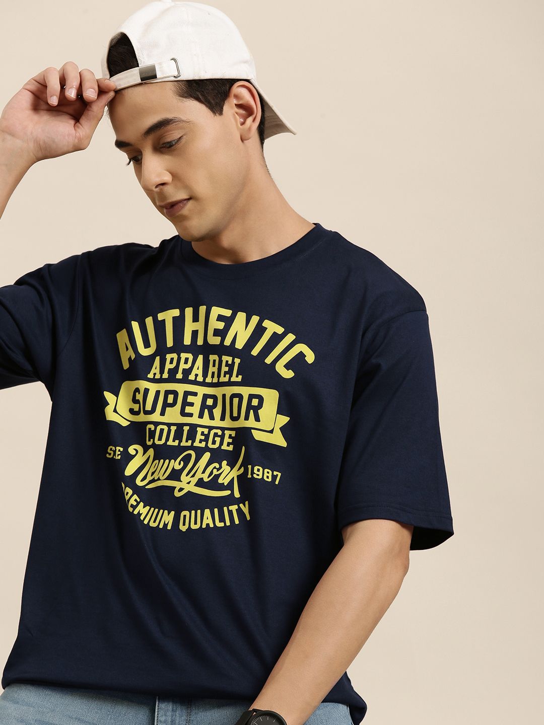 DILLINGER Men Navy Blue Typography Printed Pure Cotton Oversized  T-shirt
