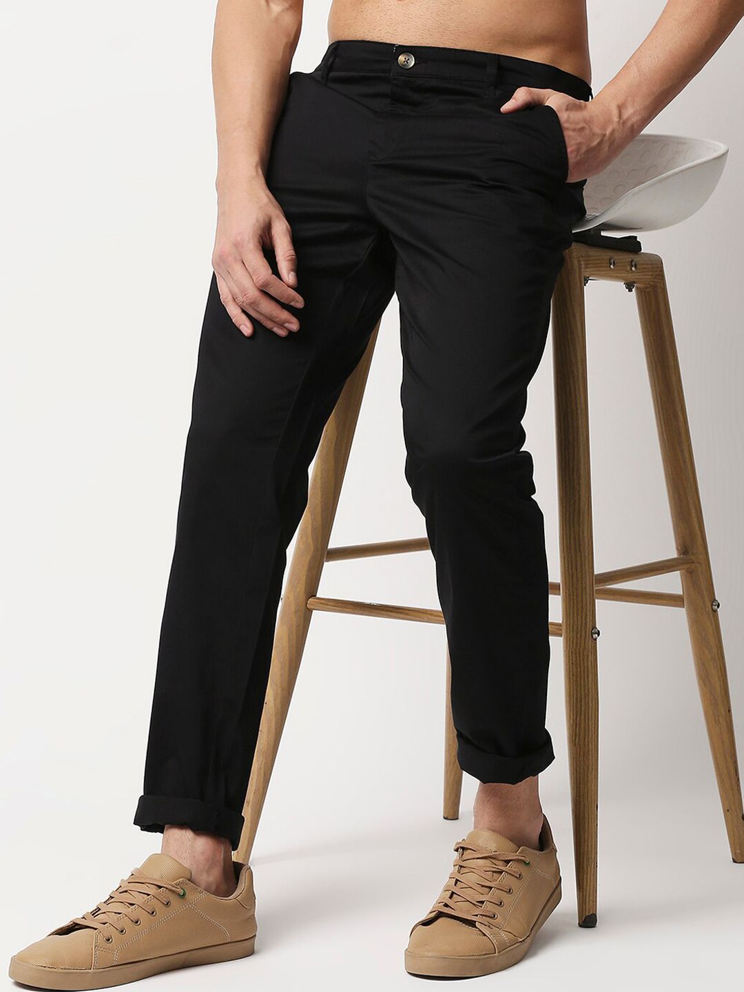 Thomas Scott Men Black Easy Wash  RegularChinos Trousers