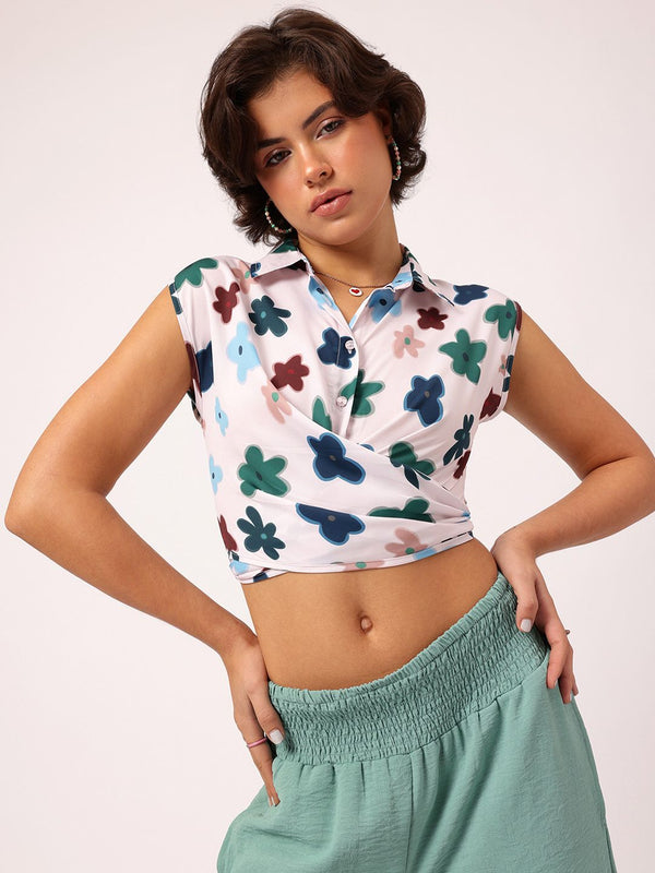 DressBerry Floral Printed Back Tie-Up Wrap Crop Top