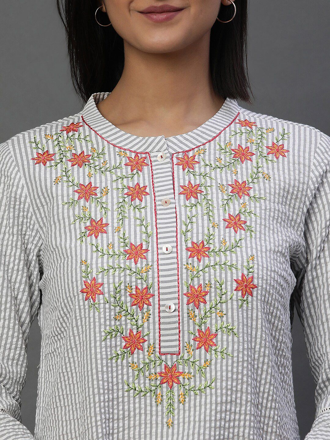 AURELIA Striped Mandarin Collar Thread Work Pure Cotton Kurti