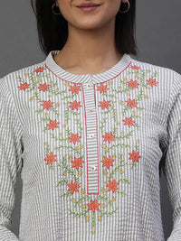 AURELIA Striped Mandarin Collar Thread Work Pure Cotton Kurti