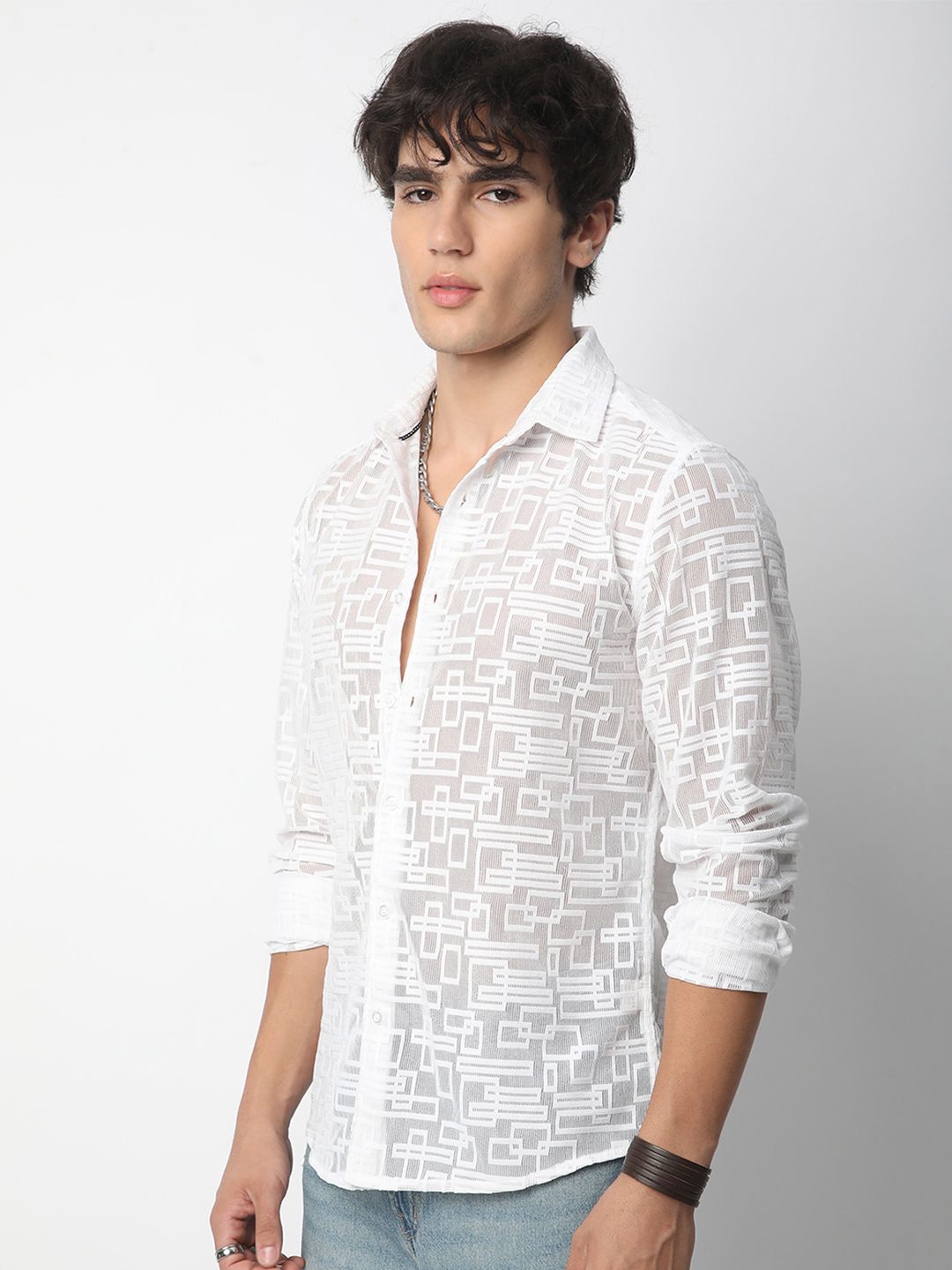 VASTRADO Men Classic Spread Collar Geometric Self Design Slim Fit Casual Shirt