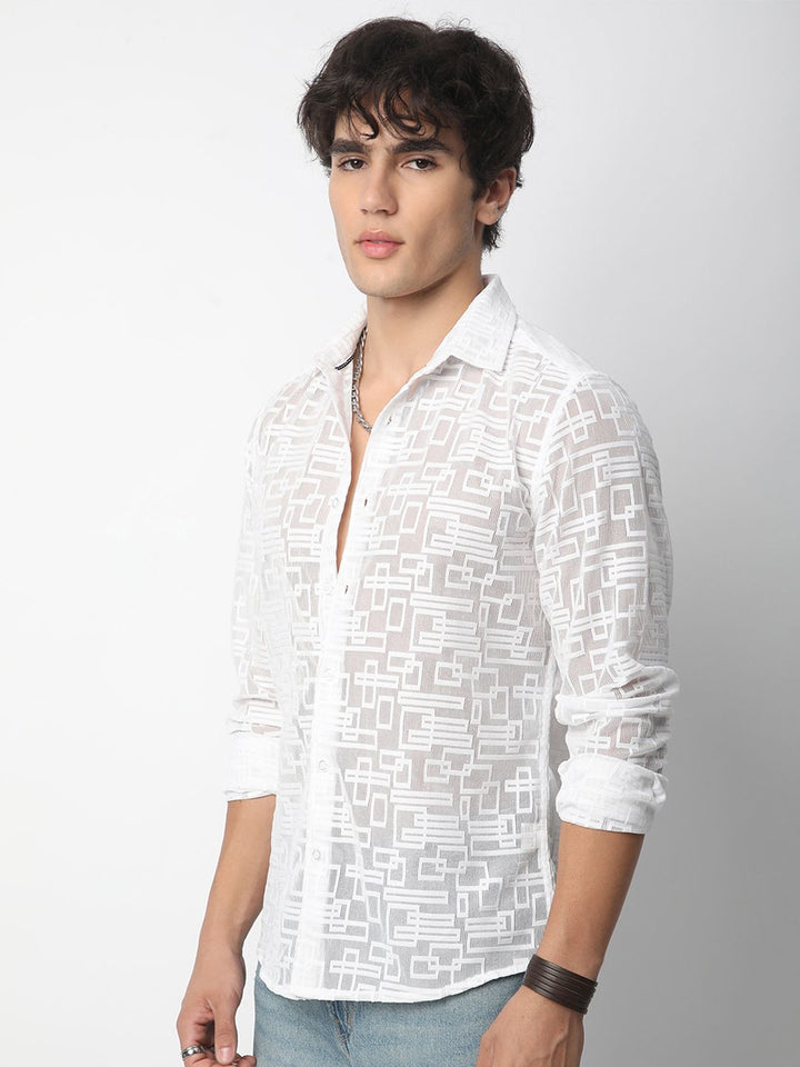 VASTRADO Men Classic Spread Collar Geometric Self Design Slim Fit Casual Shirt