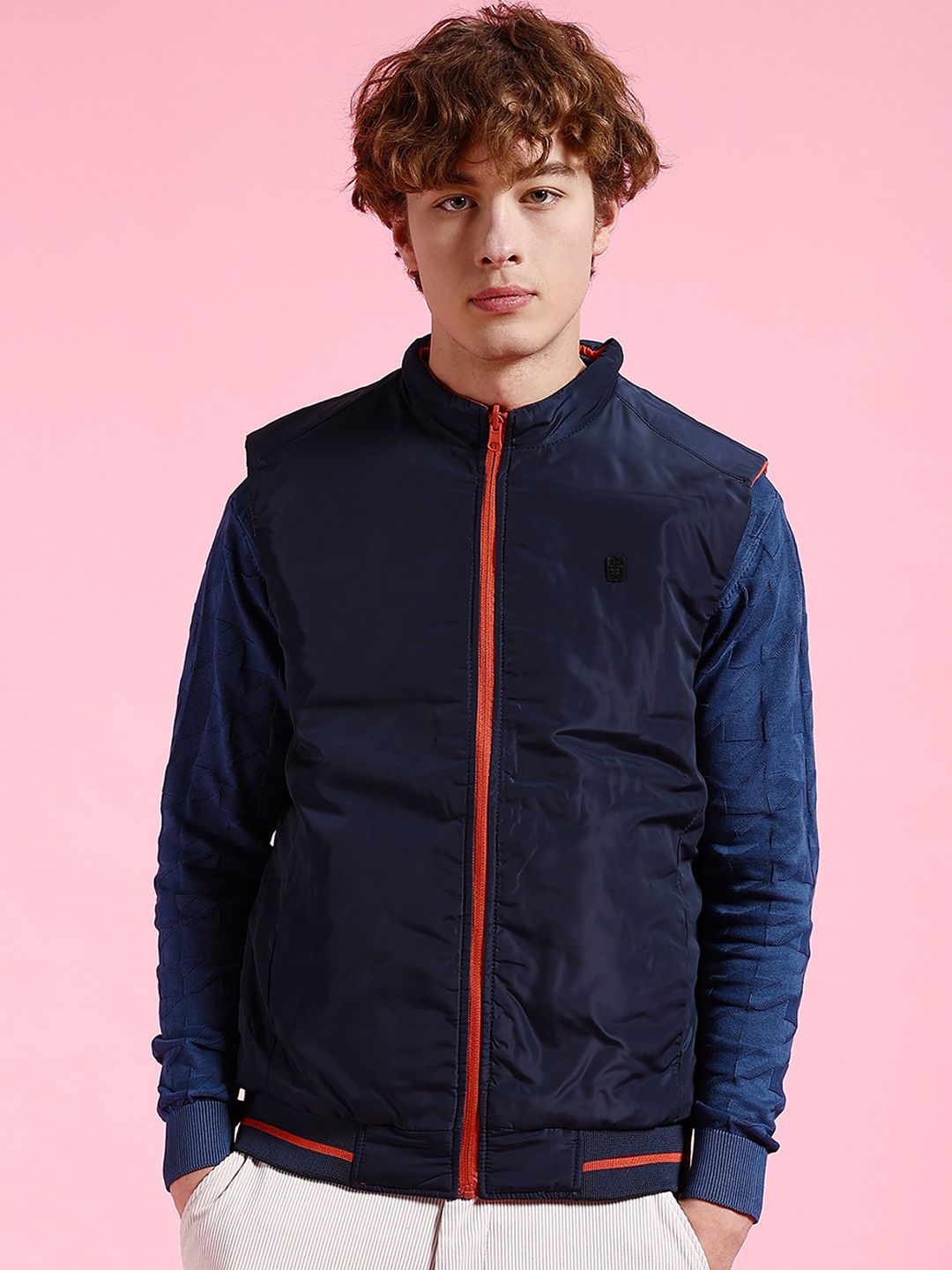 The Indian Garage Co Men Blue Colourblocked Reversible Crop Outdoor Padded Jacket