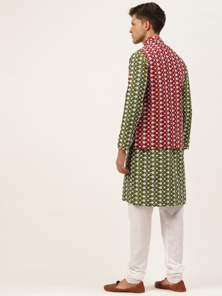SOJANYA Men Green Ethnic Motifs Embroidered Thread Work Kurta with Churidar