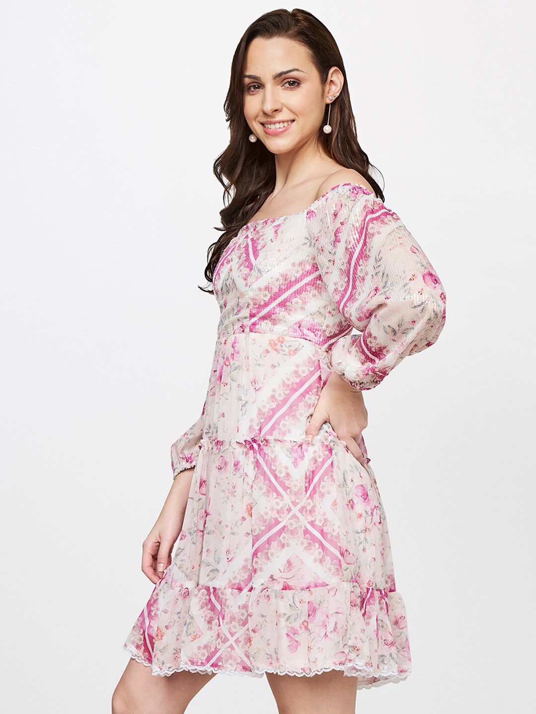 AND Women Cream-Coloured Floral Off-Shoulder Dress