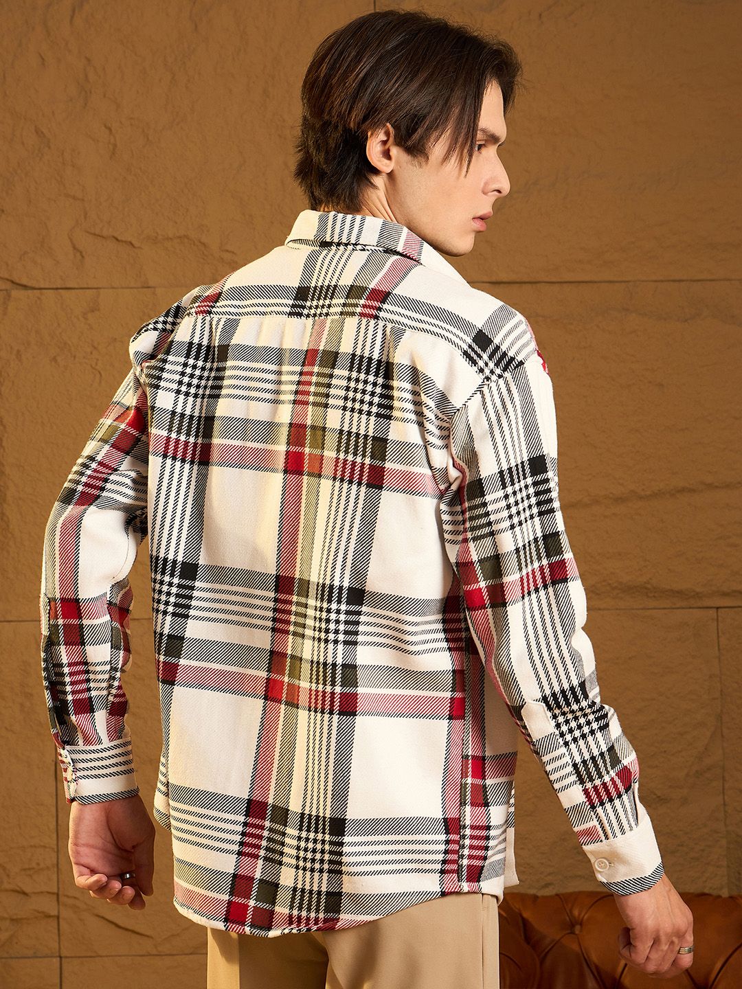 DENNISON Men Double Pocket Drop Shoulder Oversized Cotton Checked Shacket