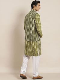 SOJANYA Men Green Floral Embroidered Thread Work Kurta Set & Jacket