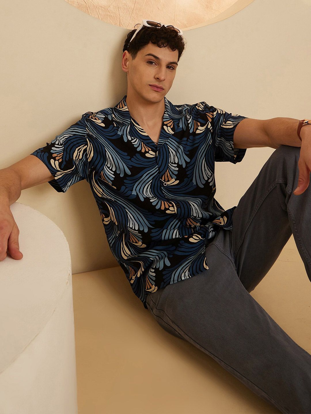 DENNISON Smart Floral Printed Cuban Collar Oversized Casual Shirt