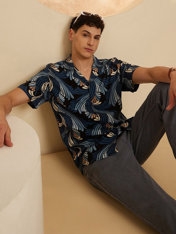 DENNISON Smart Floral Printed Cuban Collar Oversized Casual Shirt