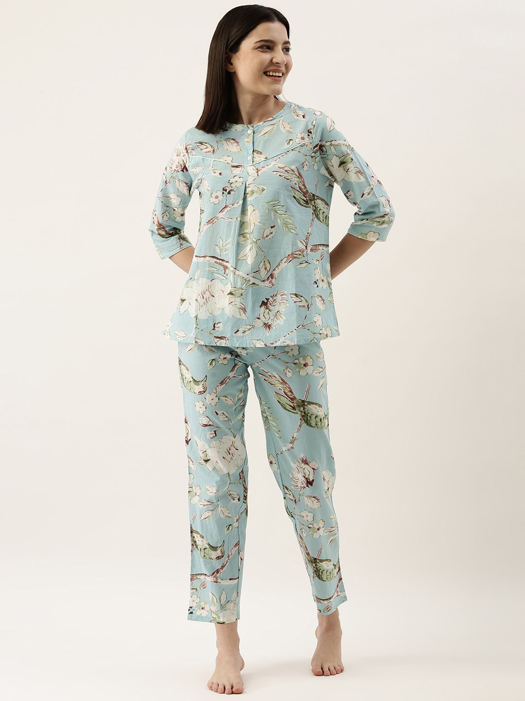 SANSKRUTIHOMES Women Sea Green Pure Cotton Floral Print Pyjama Set