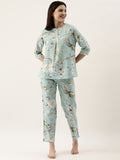SANSKRUTIHOMES Women Sea Green Pure Cotton Floral Print Pyjama Set