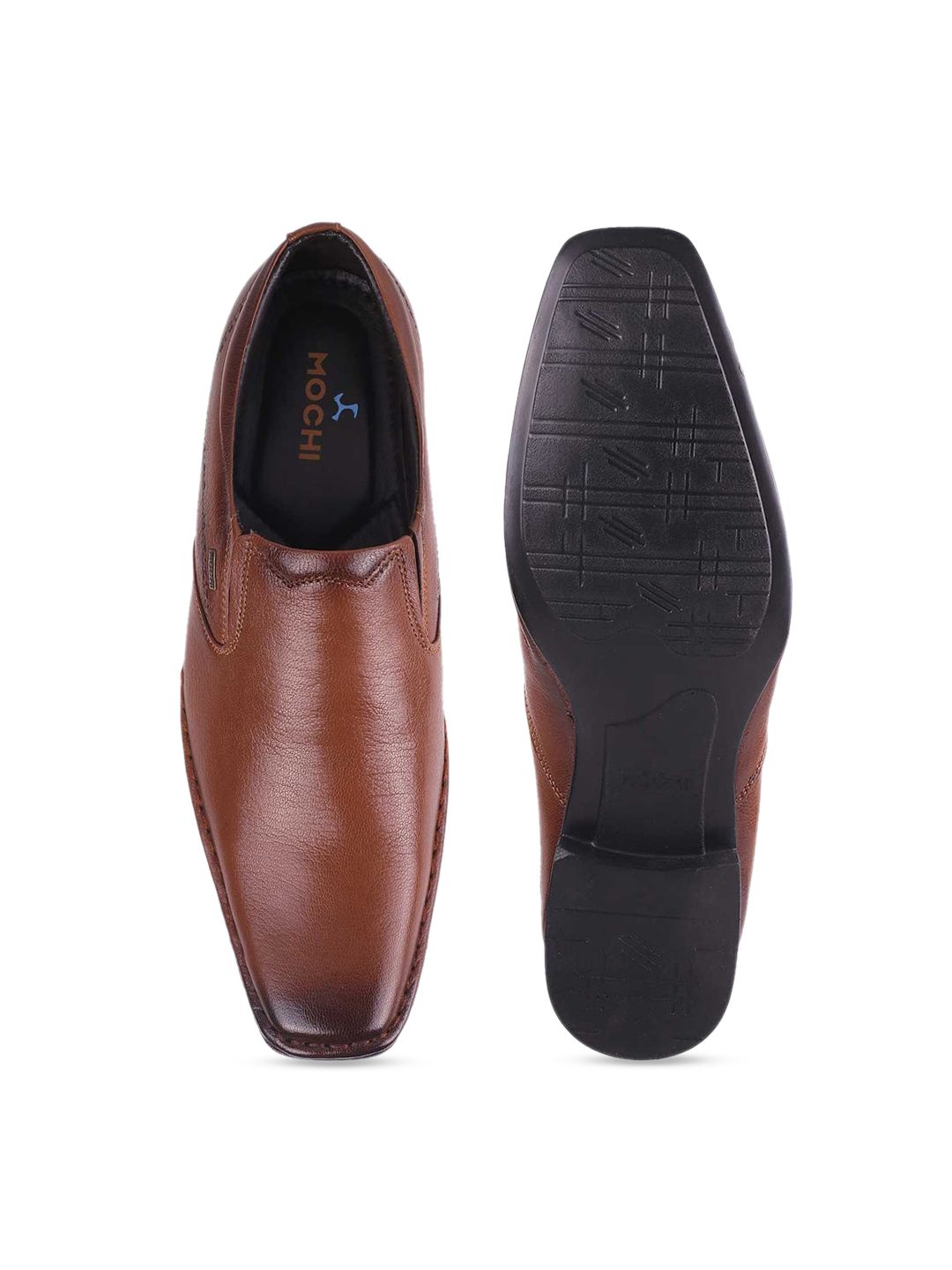 Mochi Men Brown Solid Leather Formal Slip-Ons