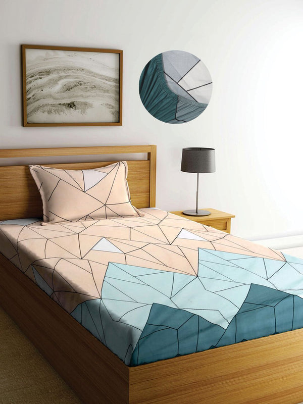 KLOTTHE Multicoloured Geometric 300 TC Fitted Single Bedsheet with 1 Pillow Cover