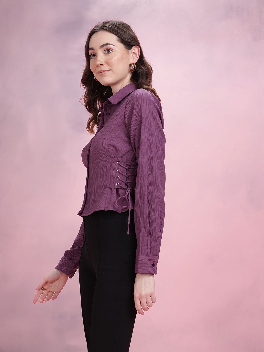 DressBerry Lace-Up Detail Crinkled Casual Shirt