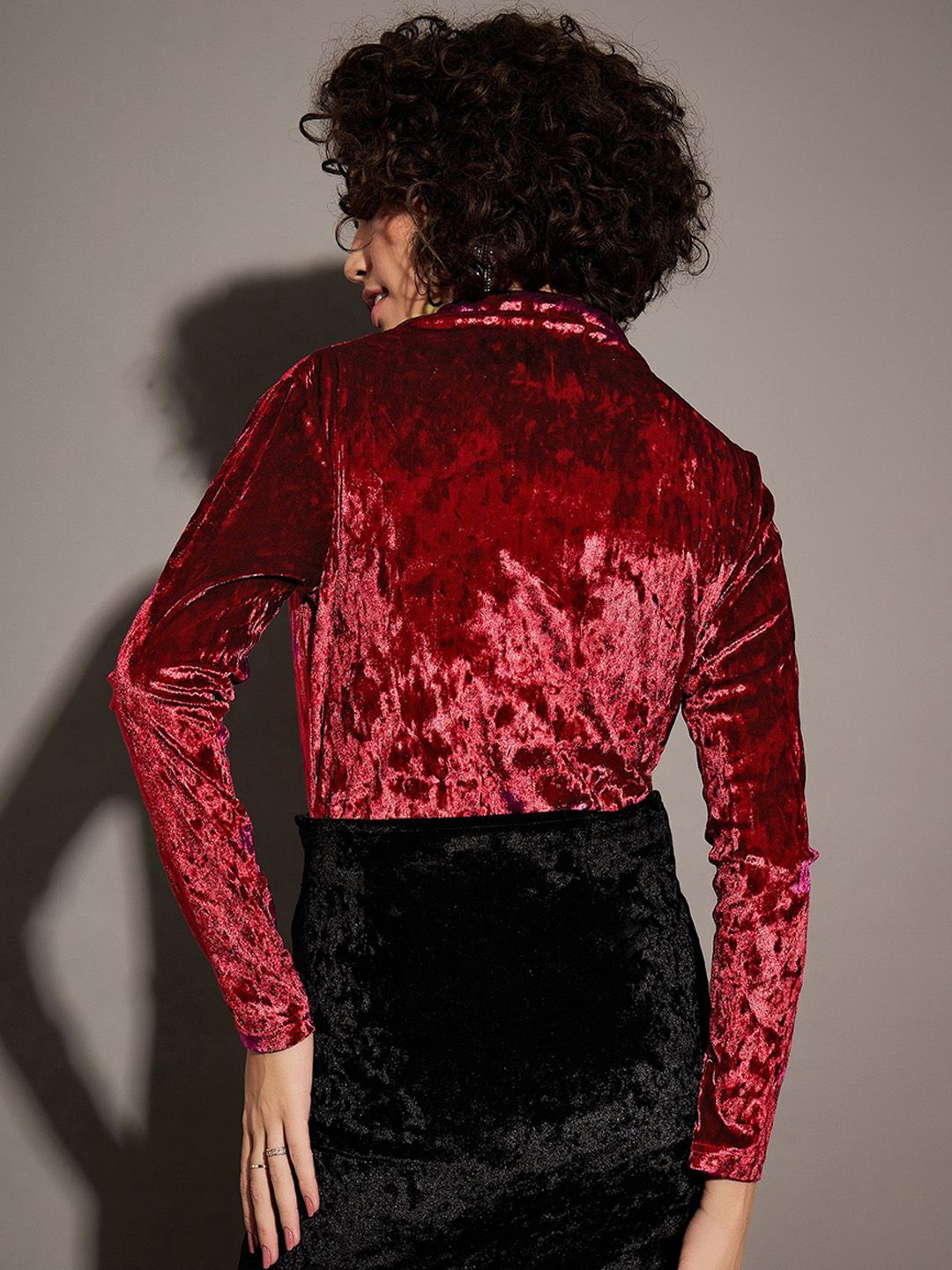 SASSAFRAS Self Design Velvet V-Neck Wrap Bodysuit