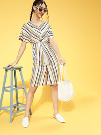 Berrylush Women Yellow & White Striped A-Line Dress with a Front Slit