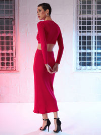 SASSAFRAS Pink V-Neck Long Sleeve Cut-Outs Bodycon Maxi Dress