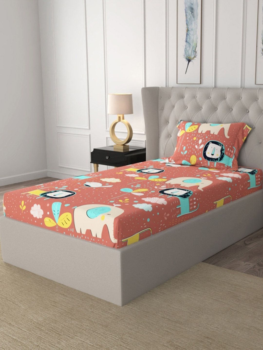 URBAN SPACE Orange Cartoon Characters 200 TC Cotton Single Bedsheet & 1 Pillow Cover