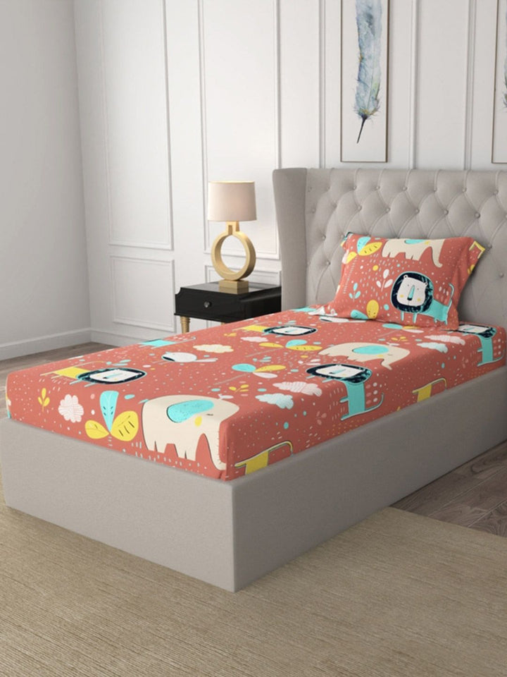 URBAN SPACE Orange Cartoon Characters 200 TC Cotton Single Bedsheet & 1 Pillow Cover